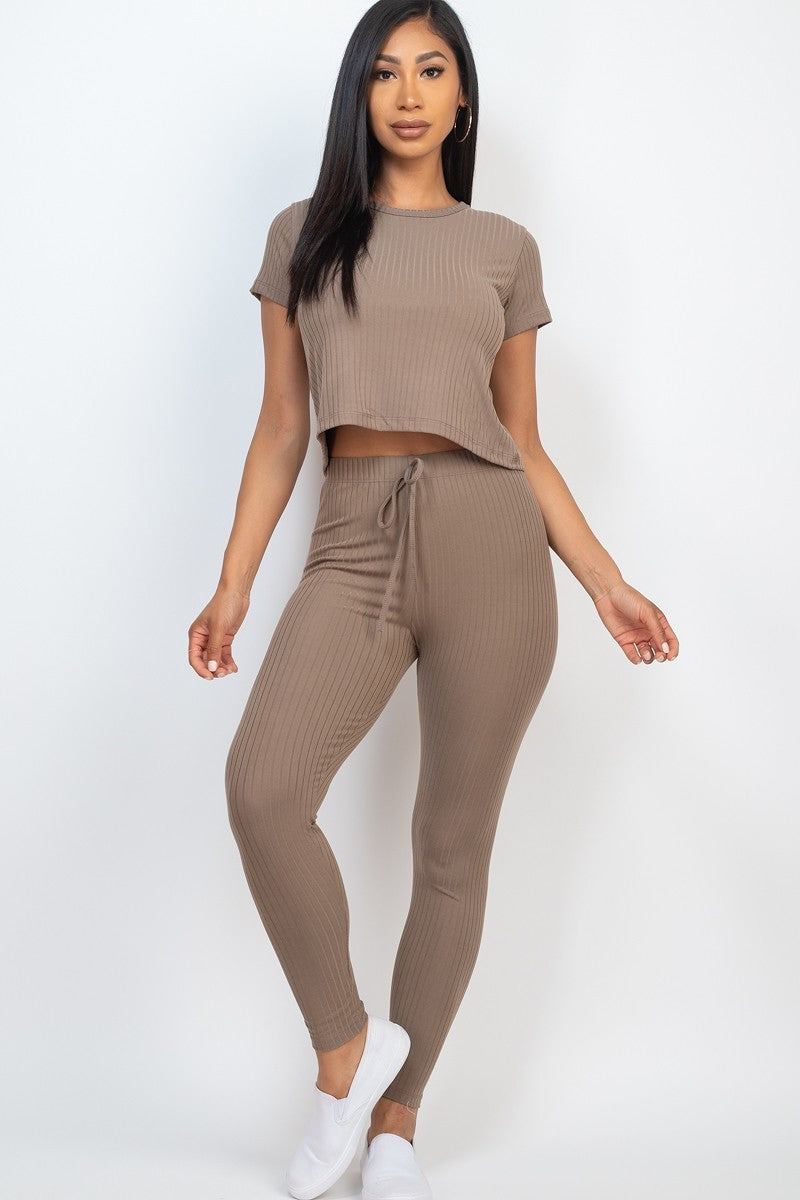 Ribbed Leggings And Crop Top Co Ord Set Beige –