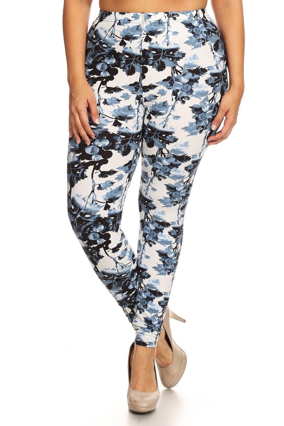Plus Size Floral Print, Full Length Leggings In A Slim Fitting Style With A Banded High Waist
