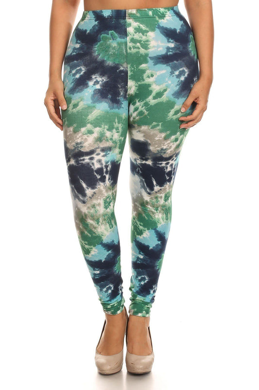 Plus Size Tie Dye Print, Full Length Leggings In A Fitted Style With A Banded High Waist