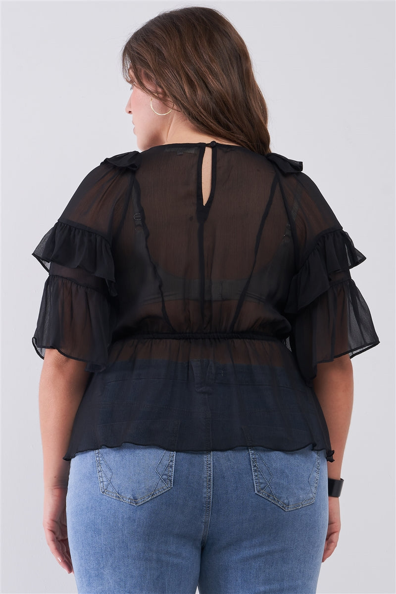 Plus Sheer Mesh Ruffle Lace-up V-neck Detail Wide Sleeve Relaxed Top