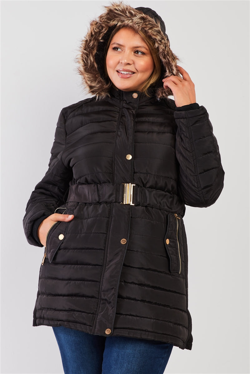 Quilted faux fur hooded online padded puffer coat black