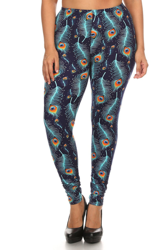 Plus Size Print, Full Length Leggings In A Slim Fitting Style With A Banded High Waist